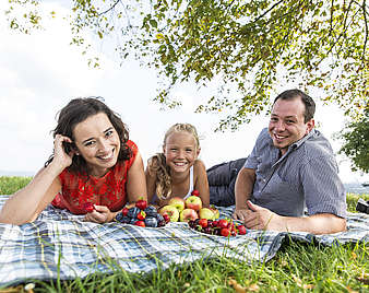 Familie liegt auf der Wiese vor Ihnen Schale mit Obst