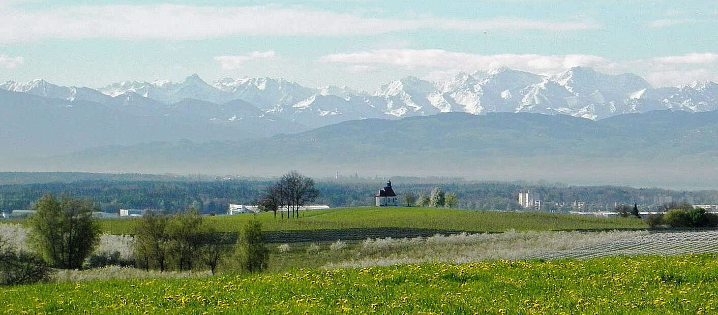 Aussicht über güne wiesen und schneebedeckte Berge