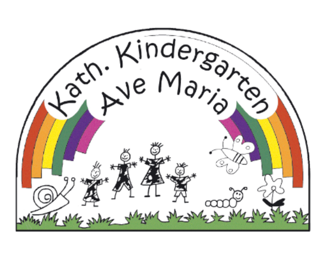 Zeichnung mit Schrift, Regenbogen, Kindern und Tieren