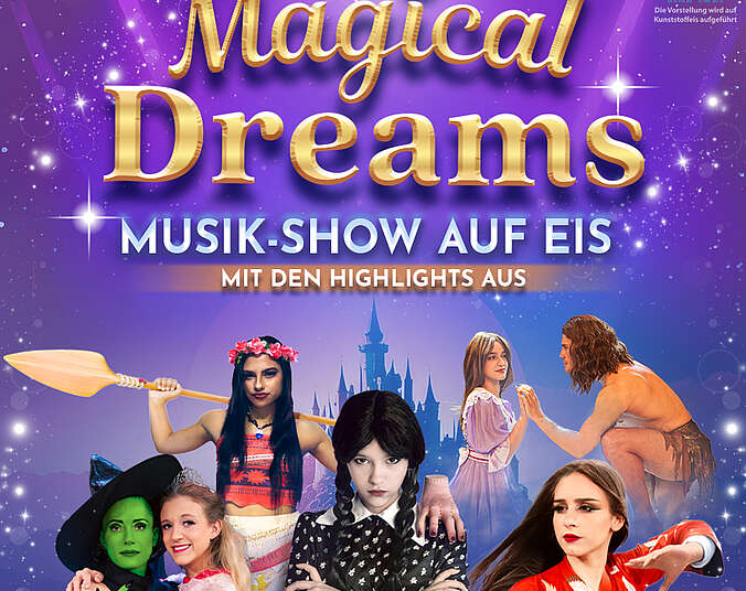 Lila Plakathintergrund. Im Vordergrund ist eine grünhäutige Hexe mit einer Prinzessin, ein junger Mann mit langen Haaren und eine junge Frau, ein polynesisches Mädchen und ein in schwarz gekleidetets Mädchen sowie eine junge Frau in rotem Mantelgewand zu sehen.